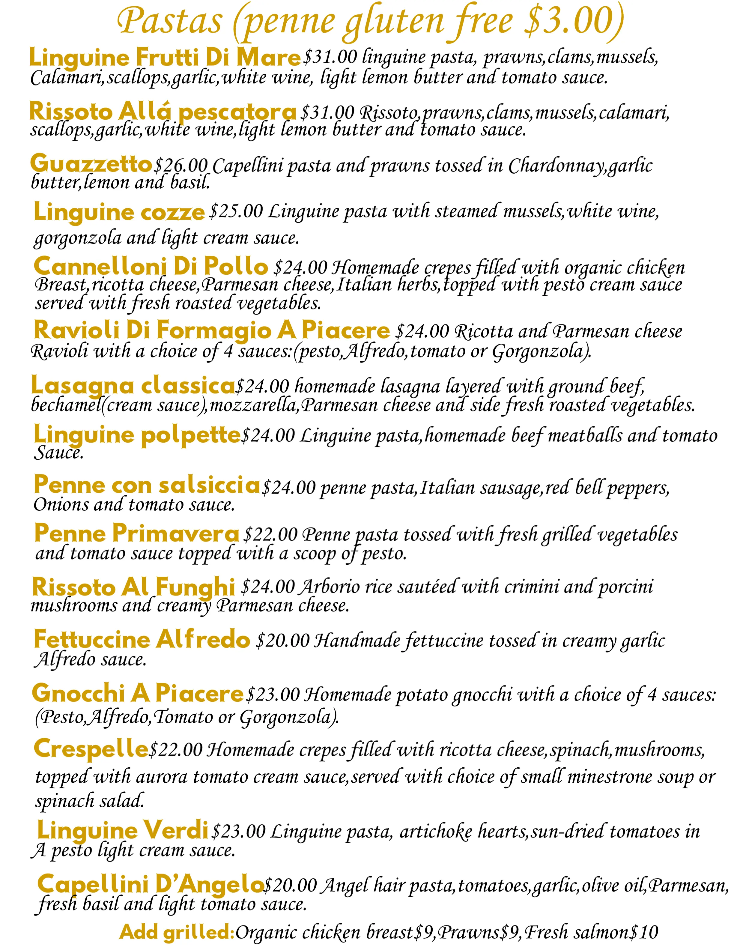 Ristorante D’Angelo’s Italian Kitchen Dinner Menu #2.