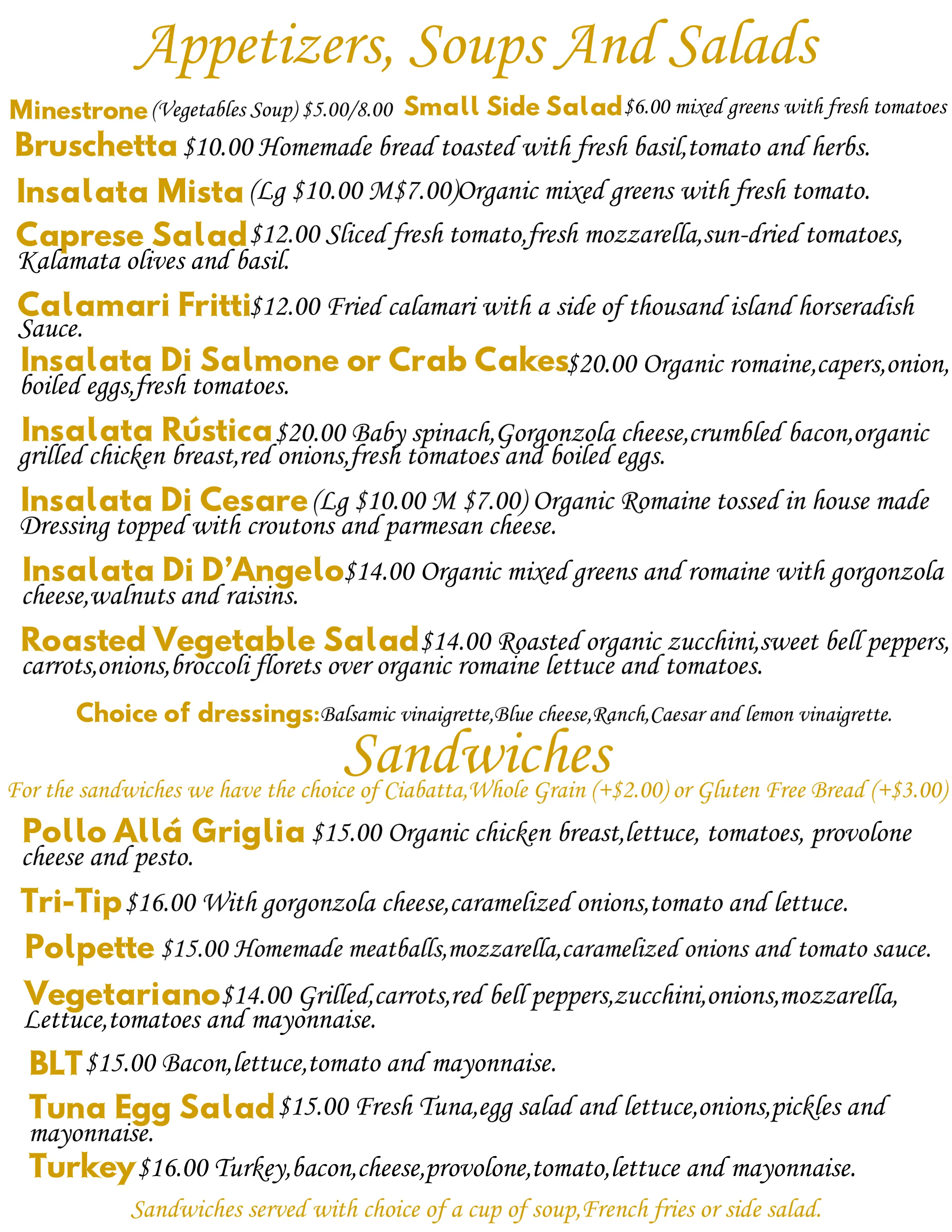 Ristorante D’Angelo’s Italian Kitchen Lunch Menu #1.